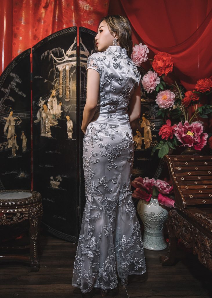 Embroidered Silver Breaths Maxi Qipao • DREAMSCAPED